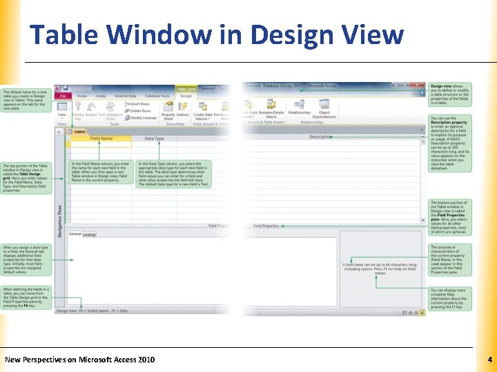Table Window in Design View New Perspectives on Microsoft Access 2010 XP 4 Table Window in Design View New Perspectives on Microsoft Access 2010 XP 4