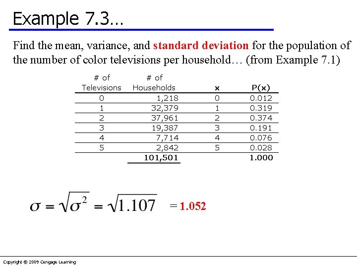 Example 7. 3… Find the mean, variance, and standard deviation for the population of