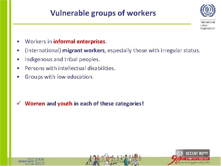 Vulnerable groups of workers • • • Workers in informal enterprises. (International) migrant workers,