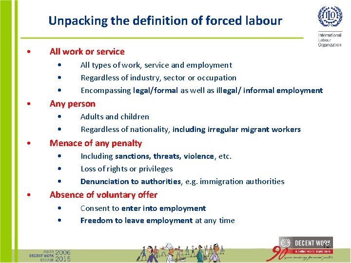Unpacking the definition of forced labour • All work or service • • Any
