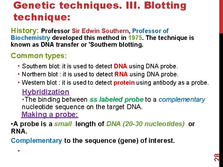Genetic techniques. III. Blotting technique: History: Professor Sir Edwin Southern, Professor of Biochemistry developed