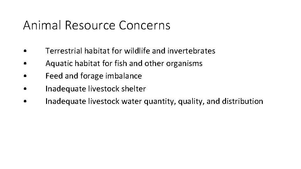 Animal Resource Concerns • • • Terrestrial habitat for wildlife and invertebrates Aquatic habitat