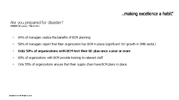 Are you prepared for disaster? CMI/BSI UK survey – March 2011 • 84% of