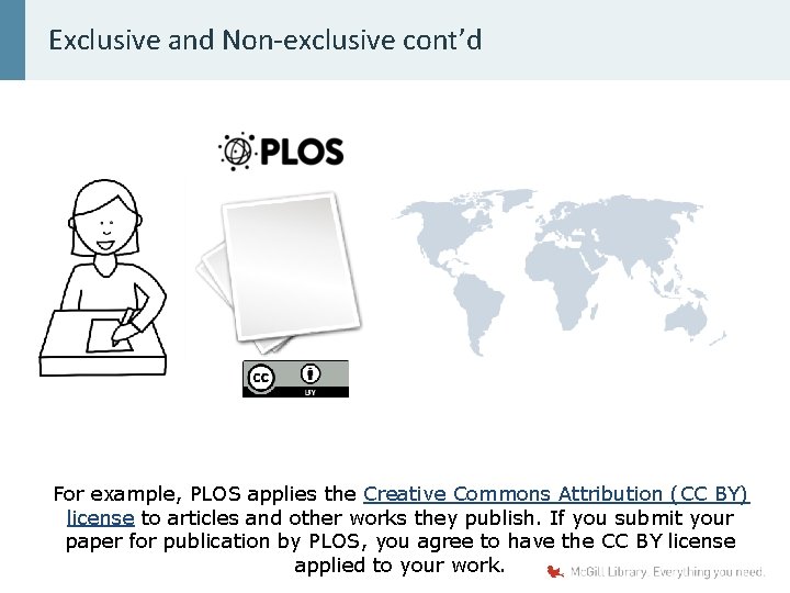 Exclusive and Non-exclusive cont’d For example, PLOS applies the Creative Commons Attribution (CC BY)