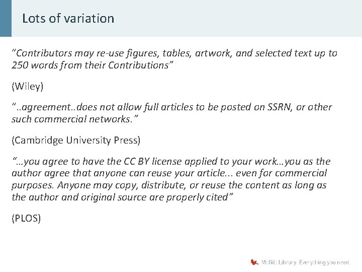 Lots of variation “Contributors may re-use figures, tables, artwork, and selected text up to