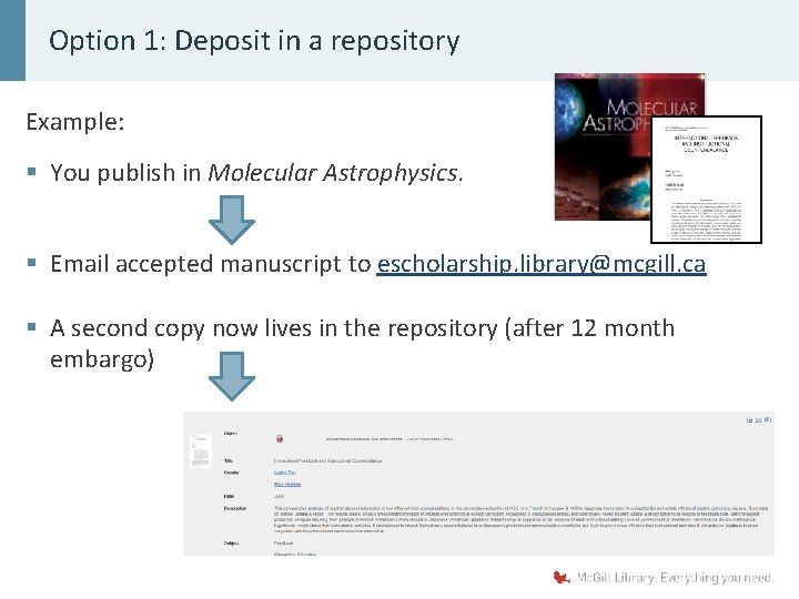 Option 1: Deposit in a repository Example: § You publish in Molecular Astrophysics. §