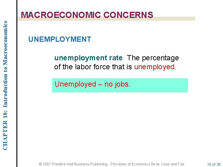 CHAPTER 18: Introduction to Macroeconomics MACROECONOMIC CONCERNS UNEMPLOYMENT unemployment rate The percentage of the