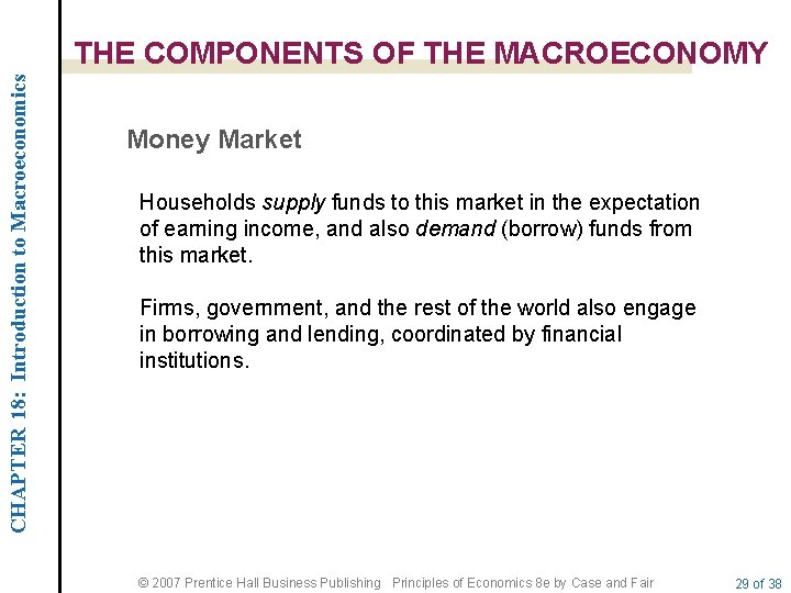 CHAPTER 18: Introduction to Macroeconomics THE COMPONENTS OF THE MACROECONOMY Money Market Households supply