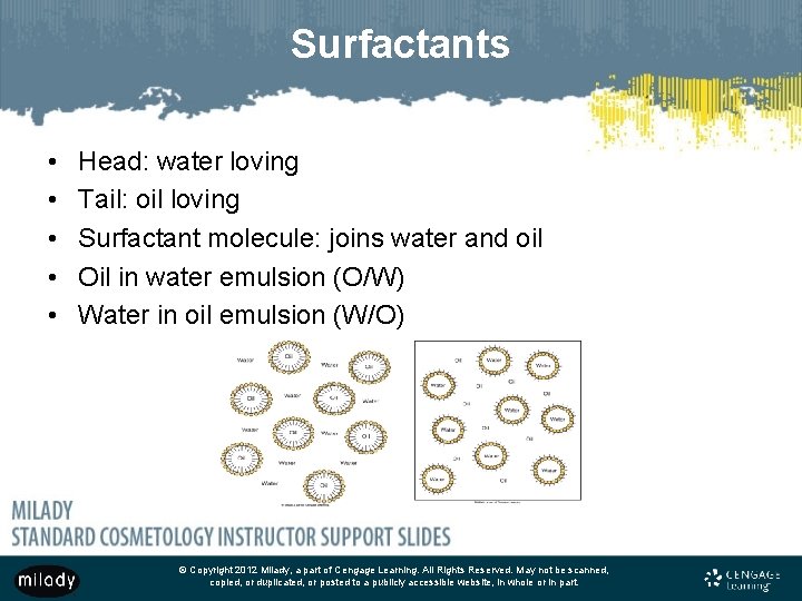 Surfactants • • • Head: water loving Tail: oil loving Surfactant molecule: joins water