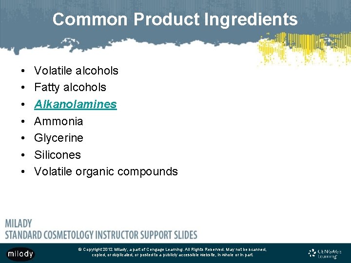 Common Product Ingredients • • Volatile alcohols Fatty alcohols Alkanolamines Ammonia Glycerine Silicones Volatile