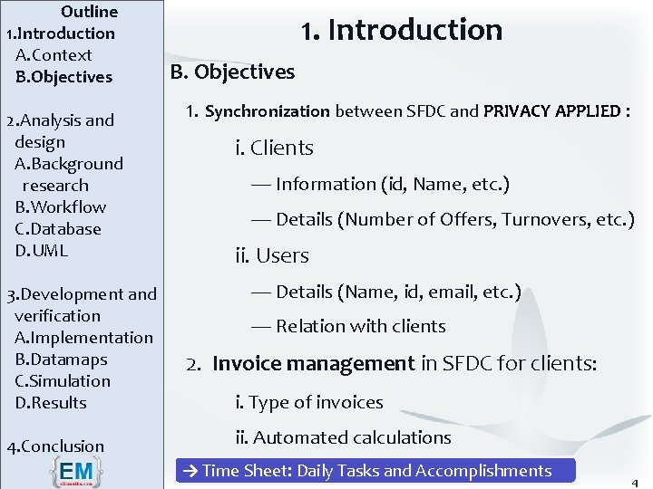 Outline 1. Introduction A. Context B. Objectives 2. Analysis and design A. Background research
