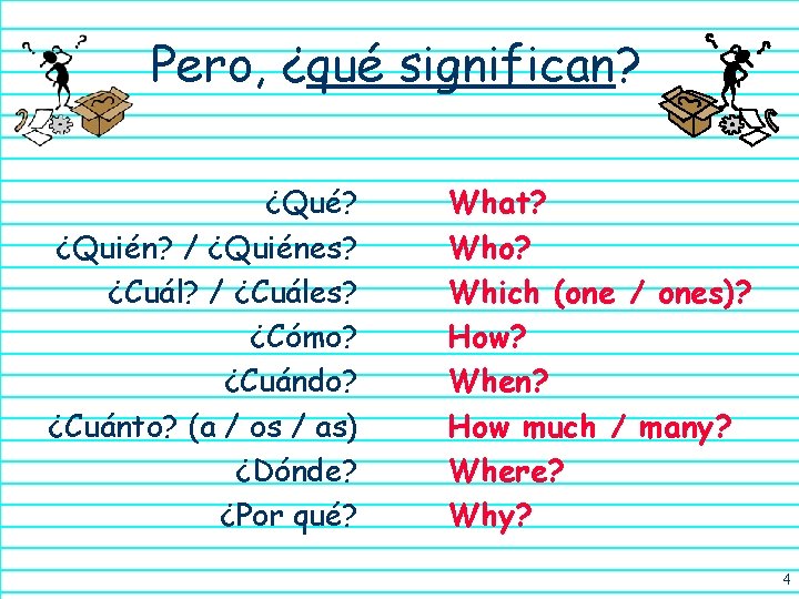 Pero, ¿qué significan? ¿Qué? ¿Quién? / ¿Quiénes? ¿Cuál? / ¿Cuáles? ¿Cómo? ¿Cuándo? ¿Cuánto? (a