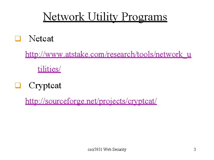 Network Utility Programs q Netcat http: //www. atstake. com/research/tools/network_u tilities/ q Cryptcat http: //sourceforge.