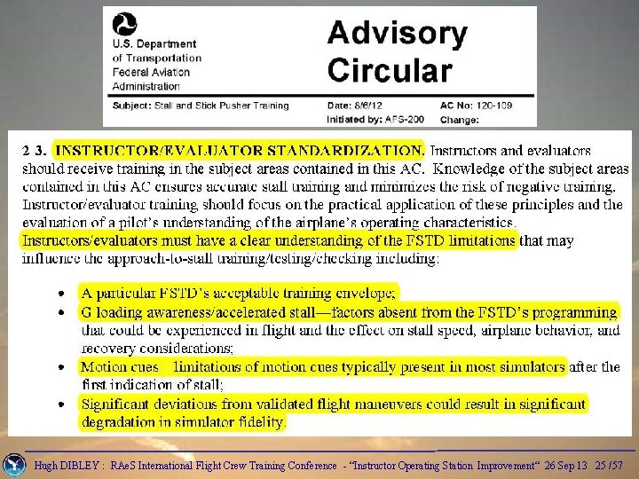 Hugh DIBLEY : RAe. S International Flight Crew Training Conference “Instructor Operating Station Improvement“