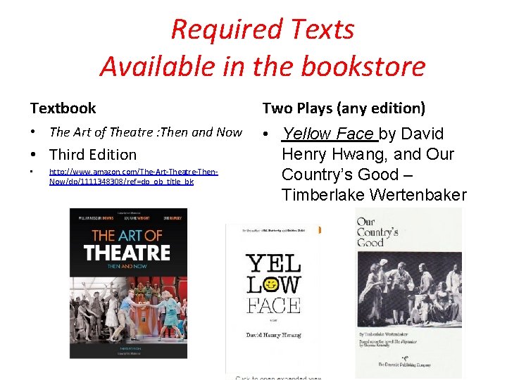 Required Texts Available in the bookstore Textbook Two Plays (any edition) • The Art