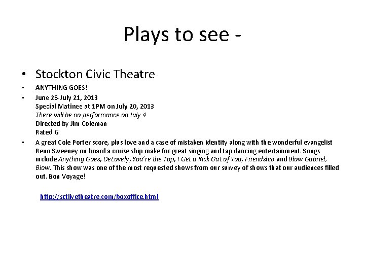 Plays to see • Stockton Civic Theatre • • • ANYTHING GOES! June 26