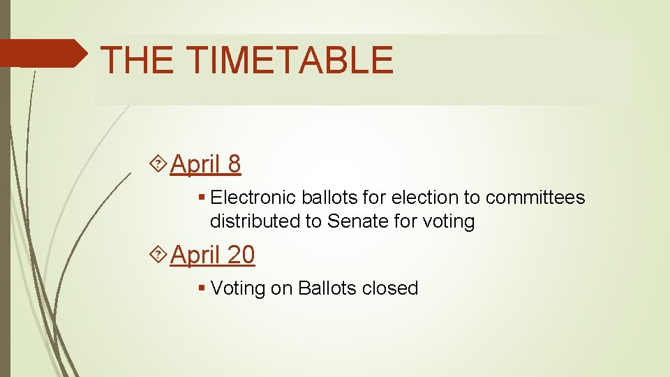 THE TIMETABLE April 8 § Electronic ballots for election to committees distributed to Senate