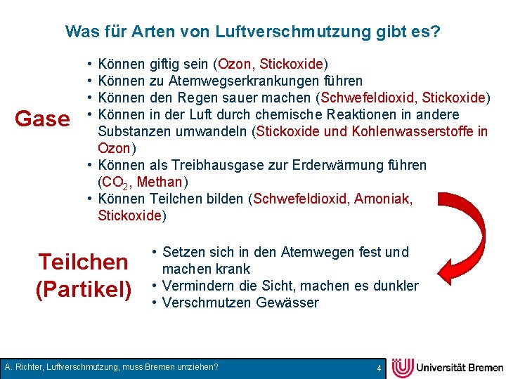 Was für Arten von Luftverschmutzung gibt es? Gase • • Können giftig sein (Ozon,