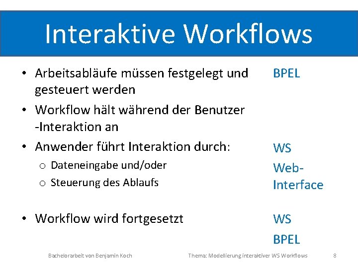 Interaktive Workflows • Arbeitsabläufe müssen festgelegt und gesteuert werden • Workflow hält während der