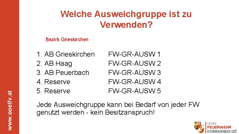 Welche Ausweichgruppe ist zu Verwenden? www. ooelfv. at Bezirk Grieskirchen 1. AB Grieskirchen 2.