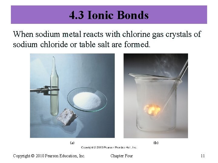 4. 3 Ionic Bonds When sodium metal reacts with chlorine gas crystals of sodium