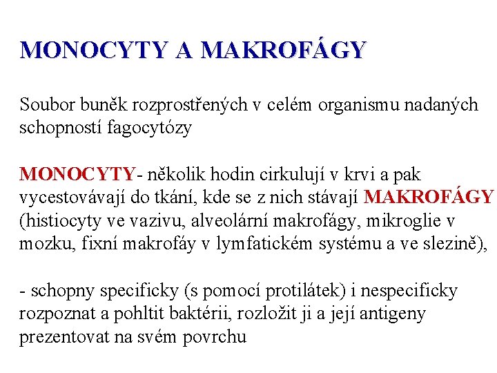 MONOCYTY A MAKROFÁGY Soubor buněk rozprostřených v celém organismu nadaných schopností fagocytózy MONOCYTY- několik