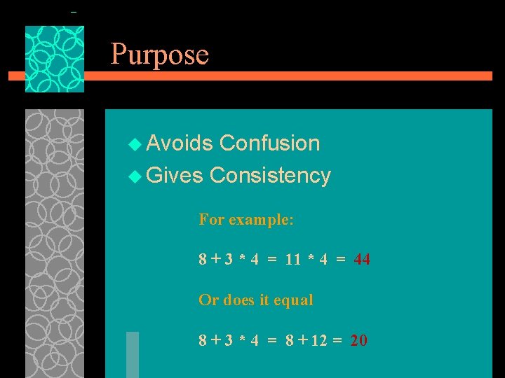 Purpose u Avoids Confusion u Gives Consistency For example: 8 + 3 * 4