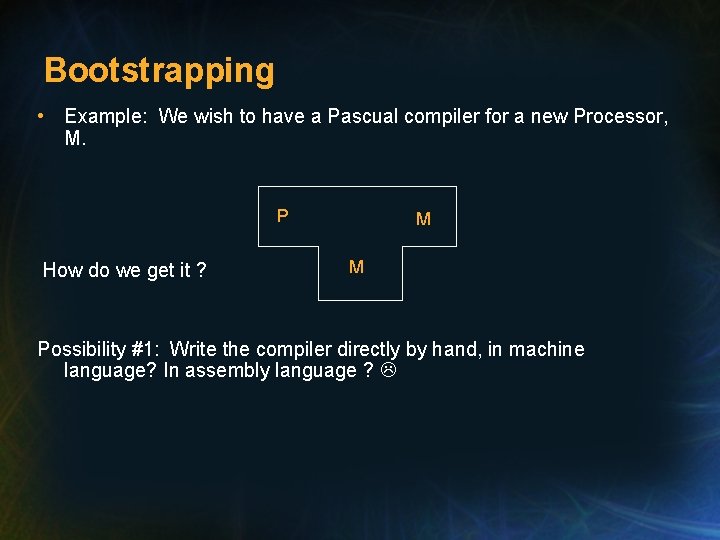 Bootstrapping • Example: We wish to have a Pascual compiler for a new Processor, Bootstrapping • Example: We wish to have a Pascual compiler for a new Processor,