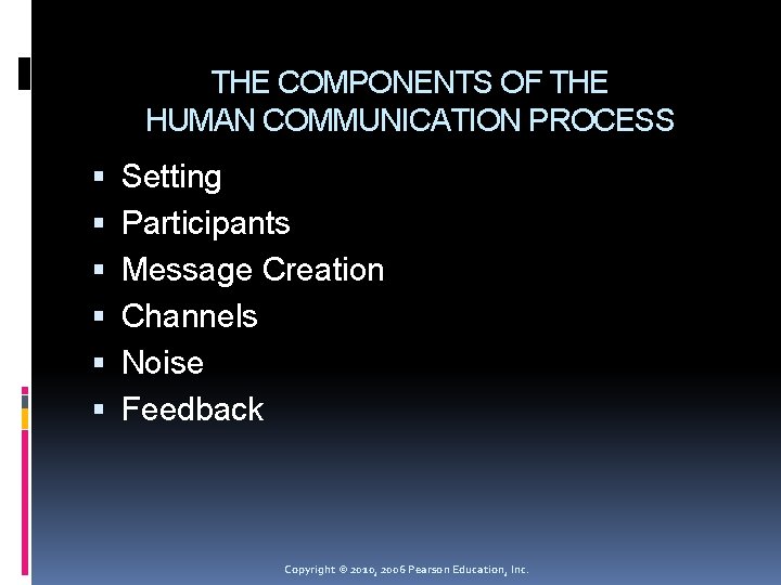 THE COMPONENTS OF THE HUMAN COMMUNICATION PROCESS Setting Participants Message Creation Channels Noise Feedback