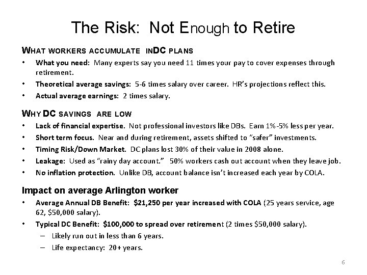 The Risk: Not Enough to Retire WHAT WORKERS ACCUMULATE • • • What you