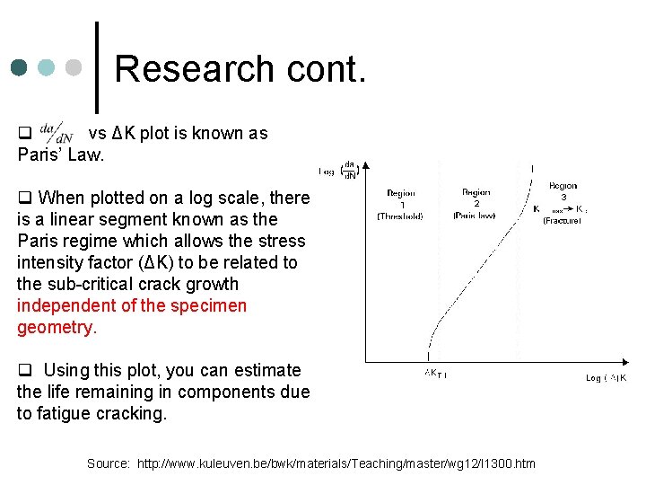 Research cont. q vs ΔK plot is known as Paris’ Law. q When plotted