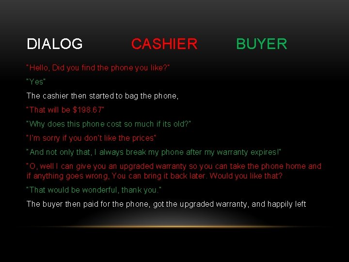DIALOG CASHIER BUYER “Hello, Did you find the phone you like? ” “Yes” The