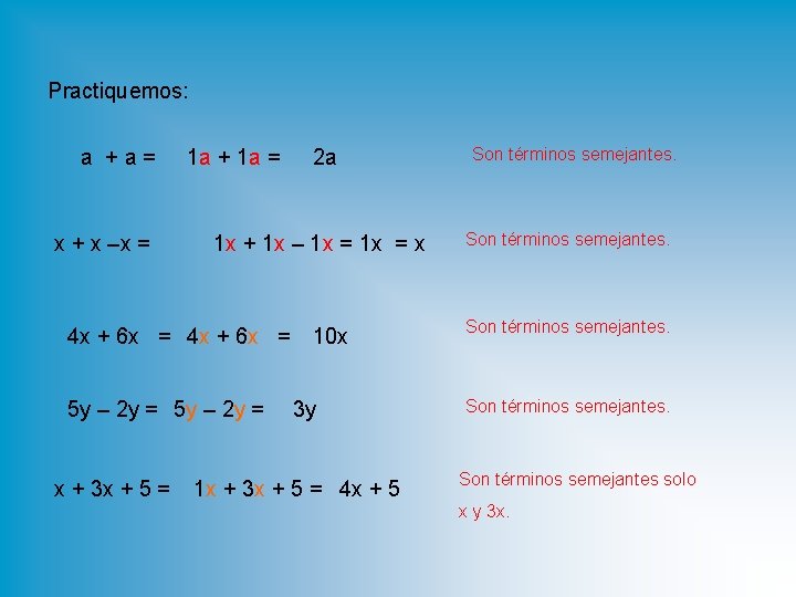 Practiquemos: a +a= x + x –x = 1 a + 1 a =