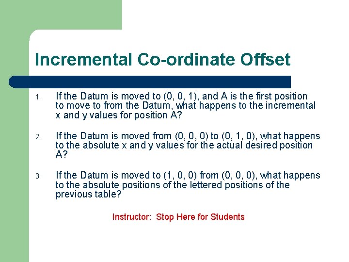 Incremental Co-ordinate Offset 1. If the Datum is moved to (0, 0, 1), and