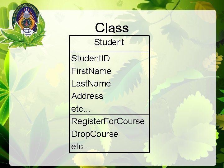 Class Student. ID First. Name Last. Name Address etc… Register. For. Course Drop. Course