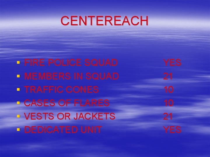 CENTEREACH § § § FIRE POLICE SQUAD MEMBERS IN SQUAD TRAFFIC CONES CASES OF