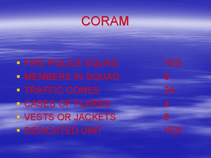 CORAM § § § FIRE POLICE SQUAD MEMBERS IN SQUAD TRAFFIC CONES CASES OF