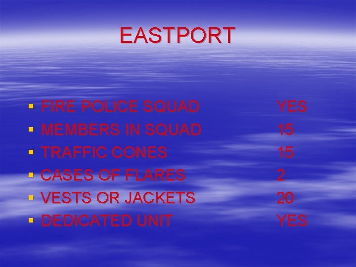 EASTPORT § § § FIRE POLICE SQUAD MEMBERS IN SQUAD TRAFFIC CONES CASES OF