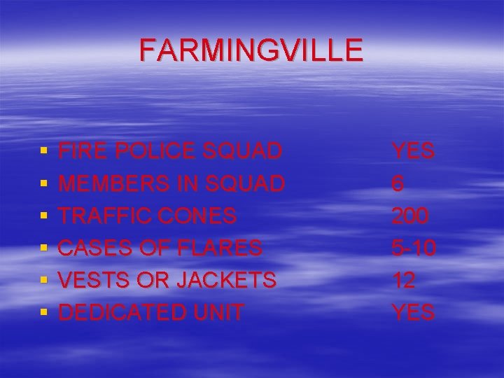 FARMINGVILLE § § § FIRE POLICE SQUAD MEMBERS IN SQUAD TRAFFIC CONES CASES OF