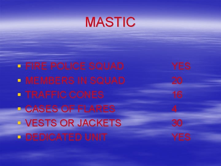 MASTIC § § § FIRE POLICE SQUAD MEMBERS IN SQUAD TRAFFIC CONES CASES OF