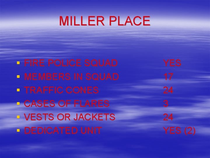 MILLER PLACE § § § FIRE POLICE SQUAD MEMBERS IN SQUAD TRAFFIC CONES CASES