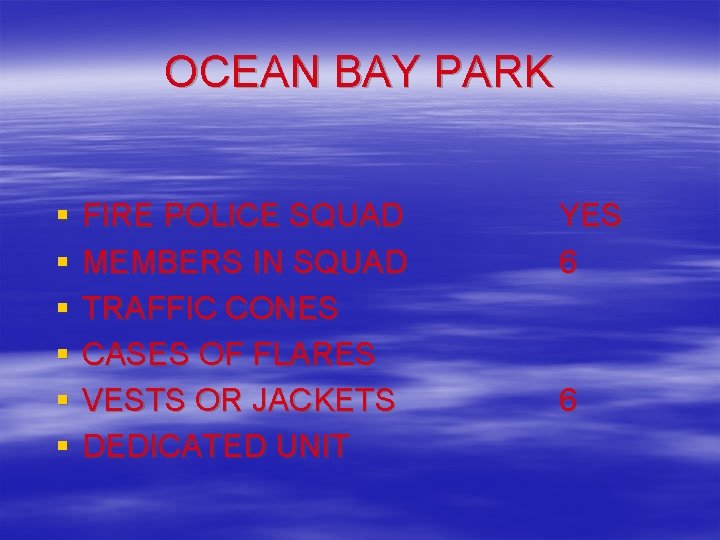 OCEAN BAY PARK § § § FIRE POLICE SQUAD MEMBERS IN SQUAD TRAFFIC CONES