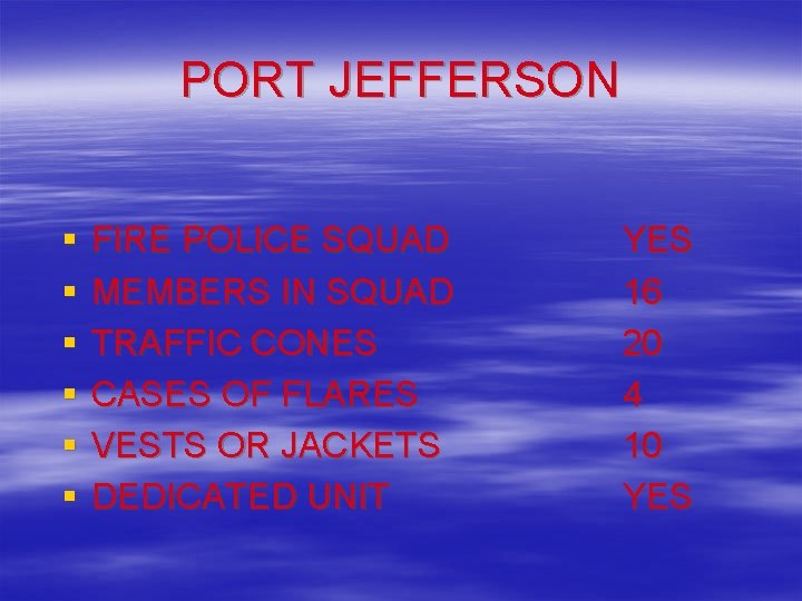 PORT JEFFERSON § § § FIRE POLICE SQUAD MEMBERS IN SQUAD TRAFFIC CONES CASES