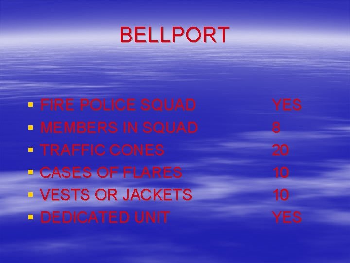 BELLPORT § § § FIRE POLICE SQUAD MEMBERS IN SQUAD TRAFFIC CONES CASES OF