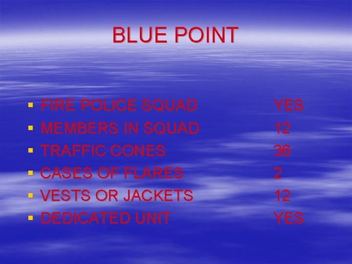 BLUE POINT § § § FIRE POLICE SQUAD MEMBERS IN SQUAD TRAFFIC CONES CASES