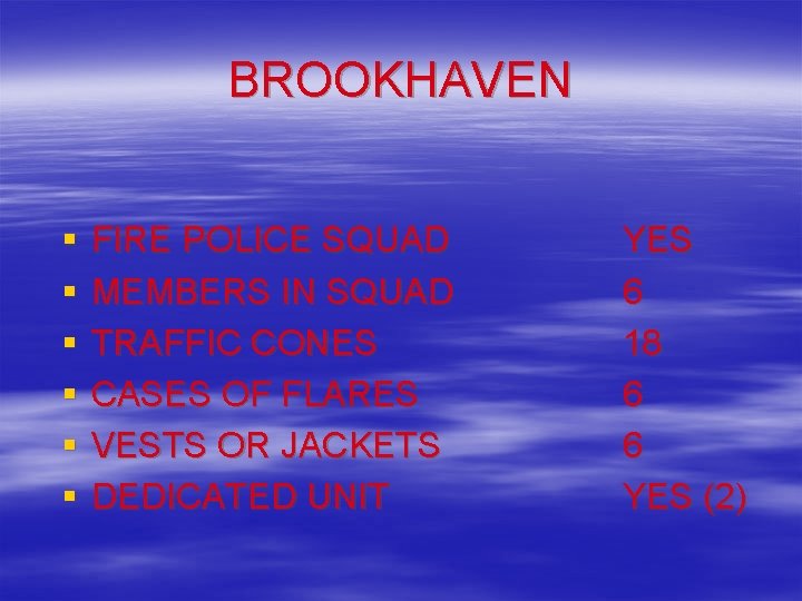 BROOKHAVEN § § § FIRE POLICE SQUAD MEMBERS IN SQUAD TRAFFIC CONES CASES OF