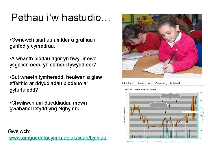 Pethau i’w hastudio… • Gwnewch siartiau amlder a graffiau i ganfod y cymedrau. •