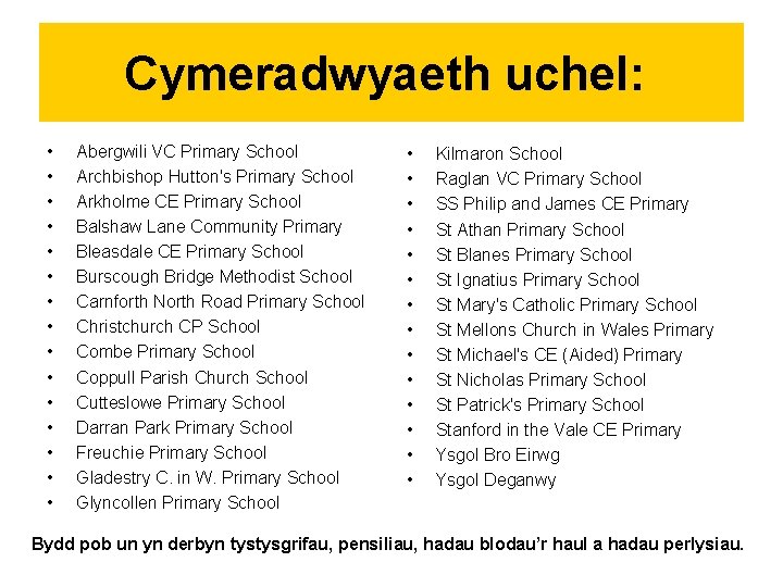 Cymeradwyaeth uchel: • • • • Abergwili VC Primary School Archbishop Hutton's Primary School