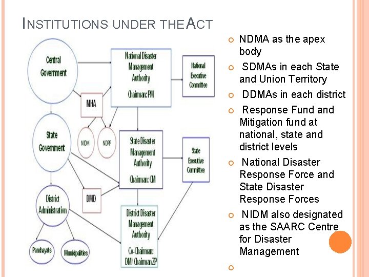 INSTITUTIONS UNDER THE ACT NDMA as the apex body SDMAs in each State and