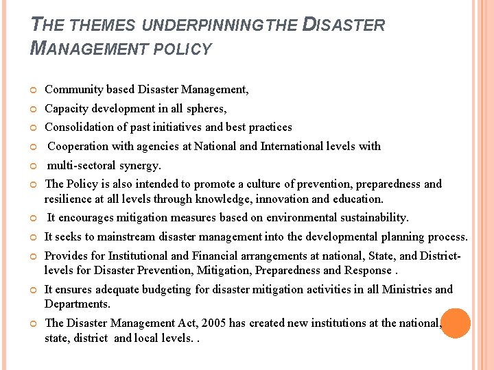 THE THEMES UNDERPINNING THE DISASTER MANAGEMENT POLICY Community based Disaster Management, Capacity development in
